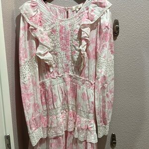 Long sleeve pink and white Love Shack Fancy mini dress size large